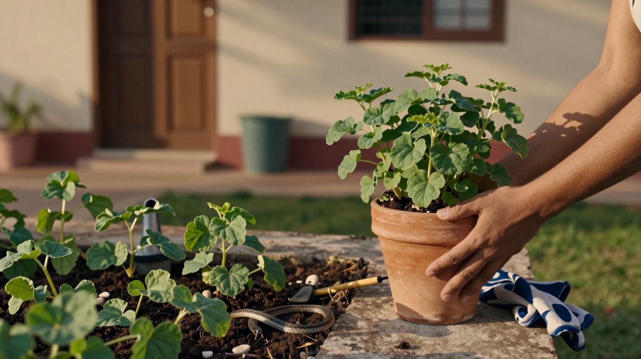 Pessoa segura vaso de planta sobre mesa de jardim, rodeada por mudas e ferramentas de jardinagem. Casa ao fundo.