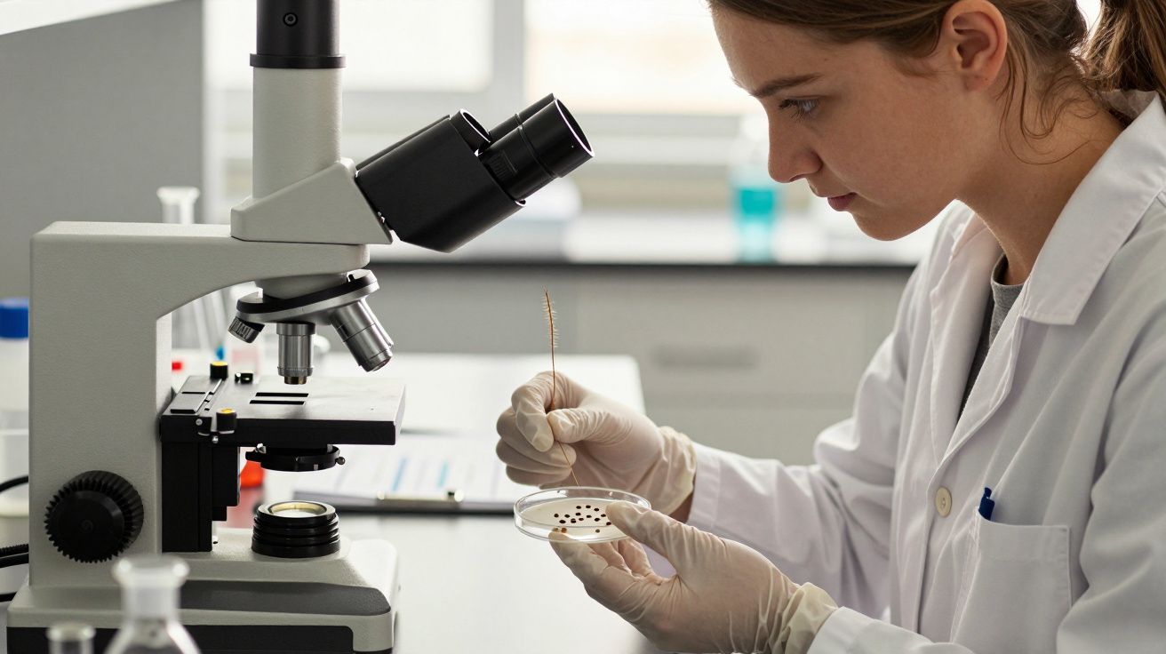 Cientista com luvas observa uma amostra num prato de Petri ao microscópio num laboratório.