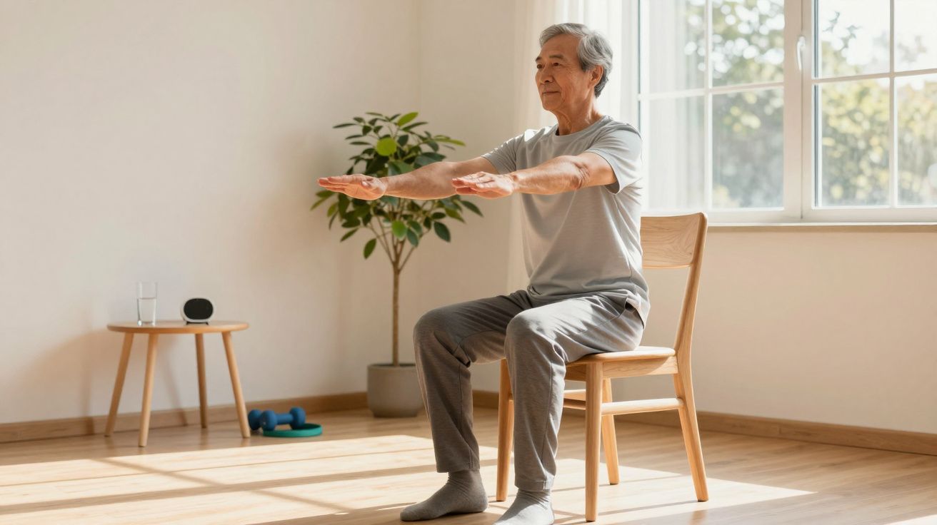 Homem idoso sentado numa cadeira, faz exercício com braços esticados. Ao fundo, planta e janela iluminada.