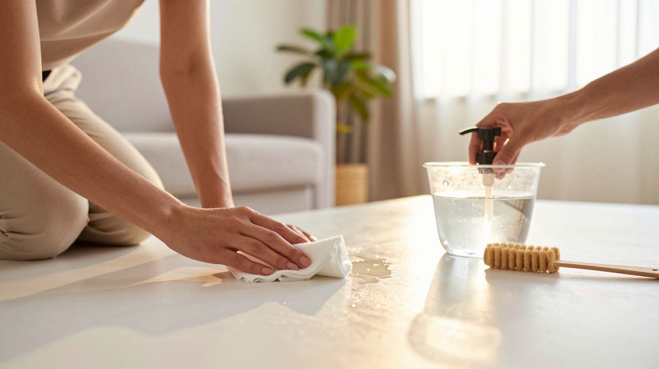 Duas pessoas limpam uma superfície com um pano e água, ao lado de uma escova, numa sala bem iluminada.