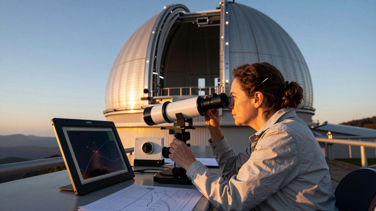 Mulher observa através de telescópio num observatório, com computador e papéis ao lado, ao pôr do sol.