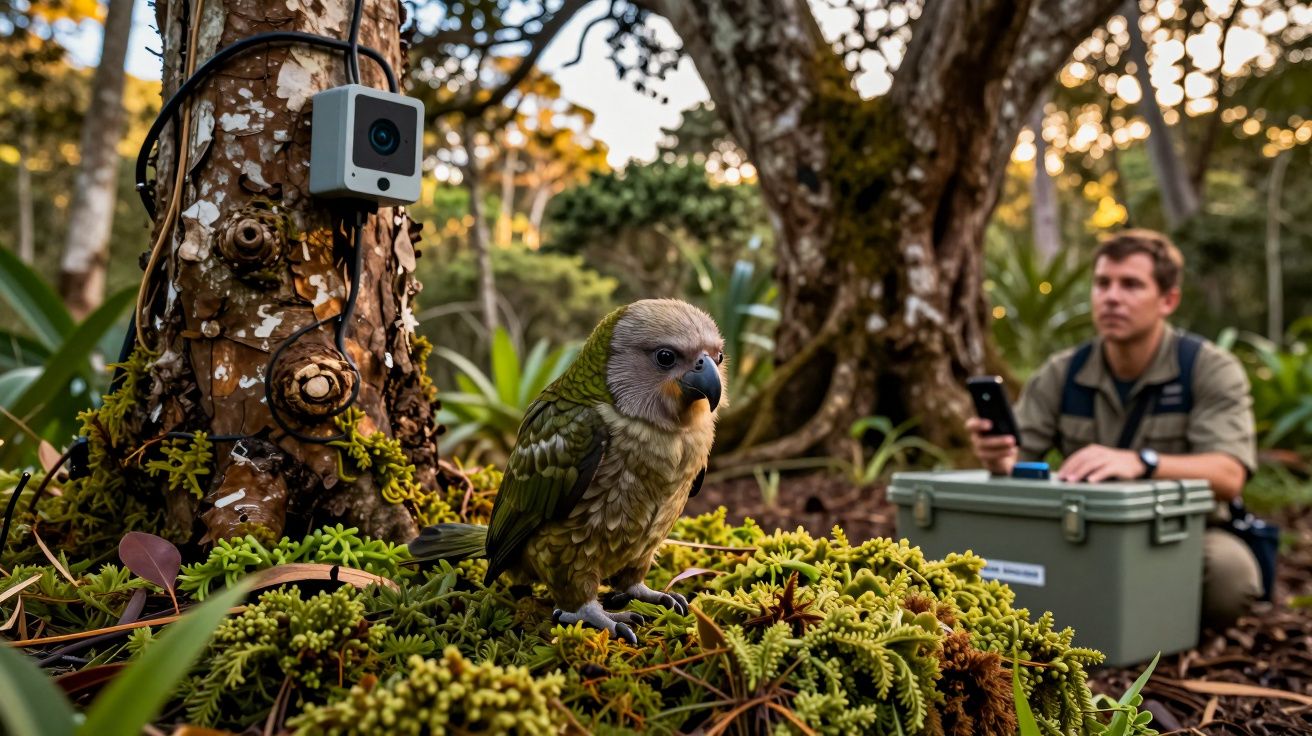 Papagaio em solo florestal com câmera numa árvore; homem em segundo plano com equipamento de monitorização.