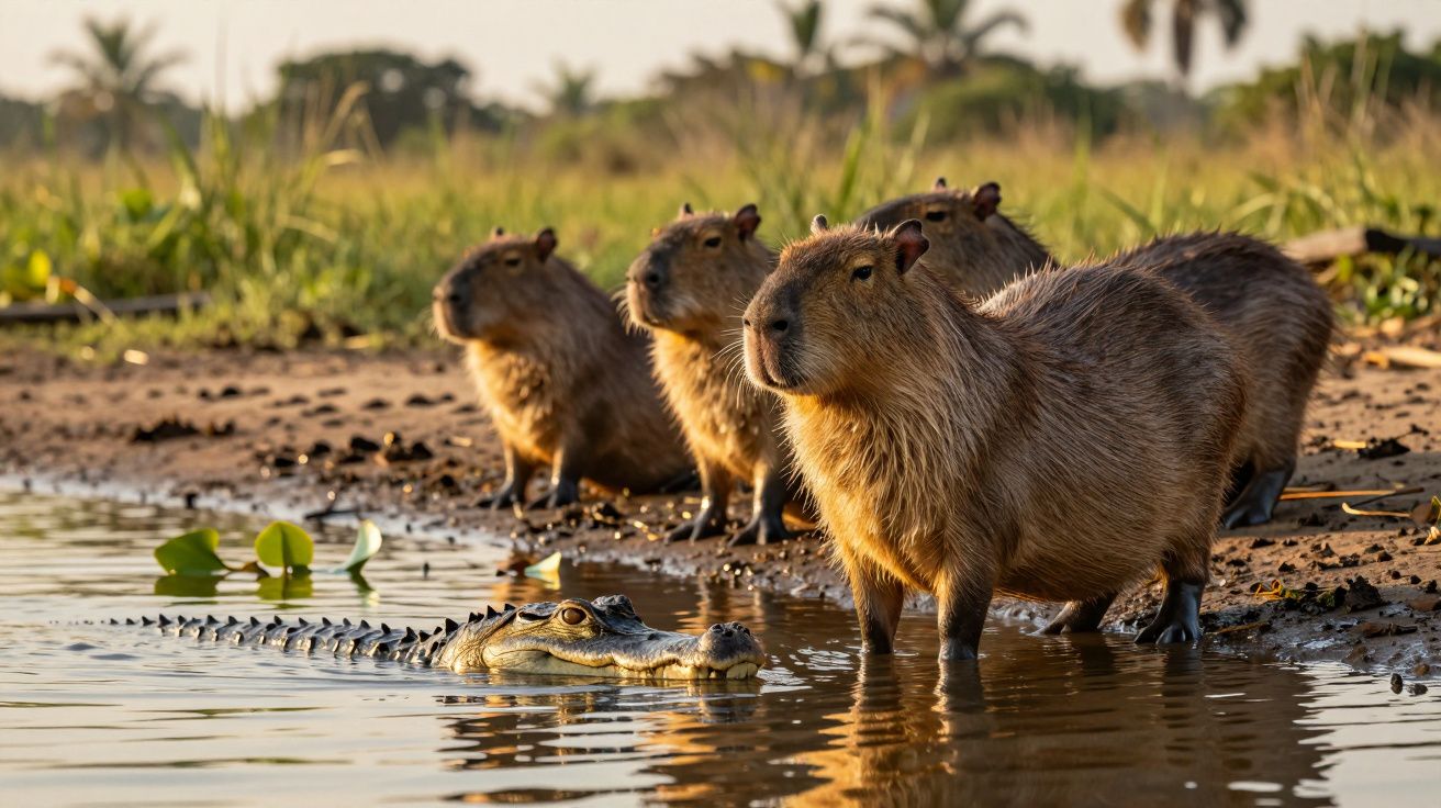 Capivaras e jacaré na margem de um rio, com vegetação ao fundo.
