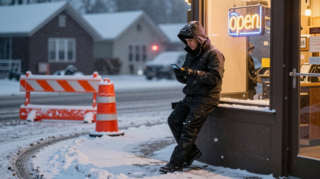 Homem de capuz usa telemóvel encostado a uma loja aberta, enquanto neva na rua com barreiras e cones.