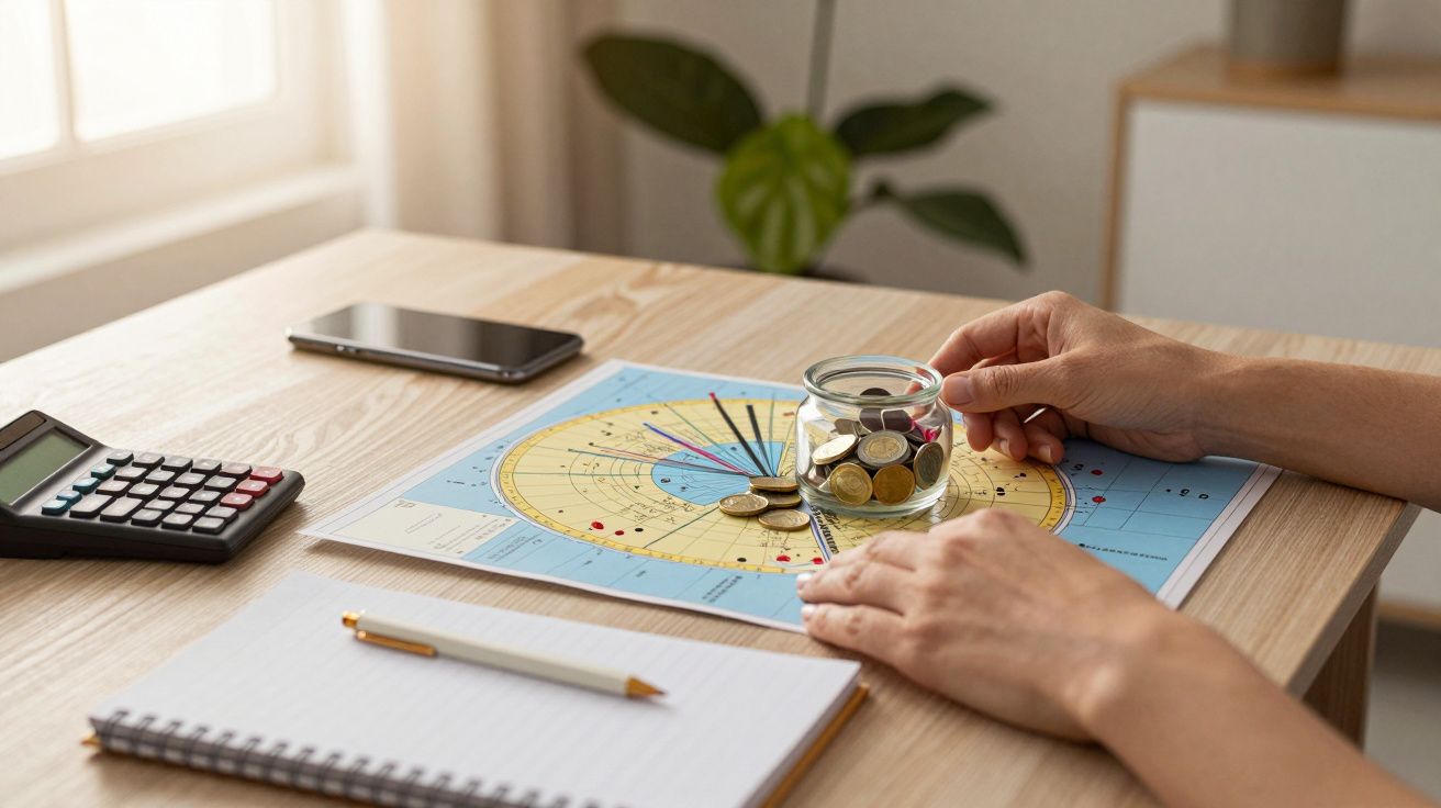 Pessoa segura um frasco com moedas sobre um gráfico colorido numa secretária, ao lado de um bloco de notas e uma calculadora.