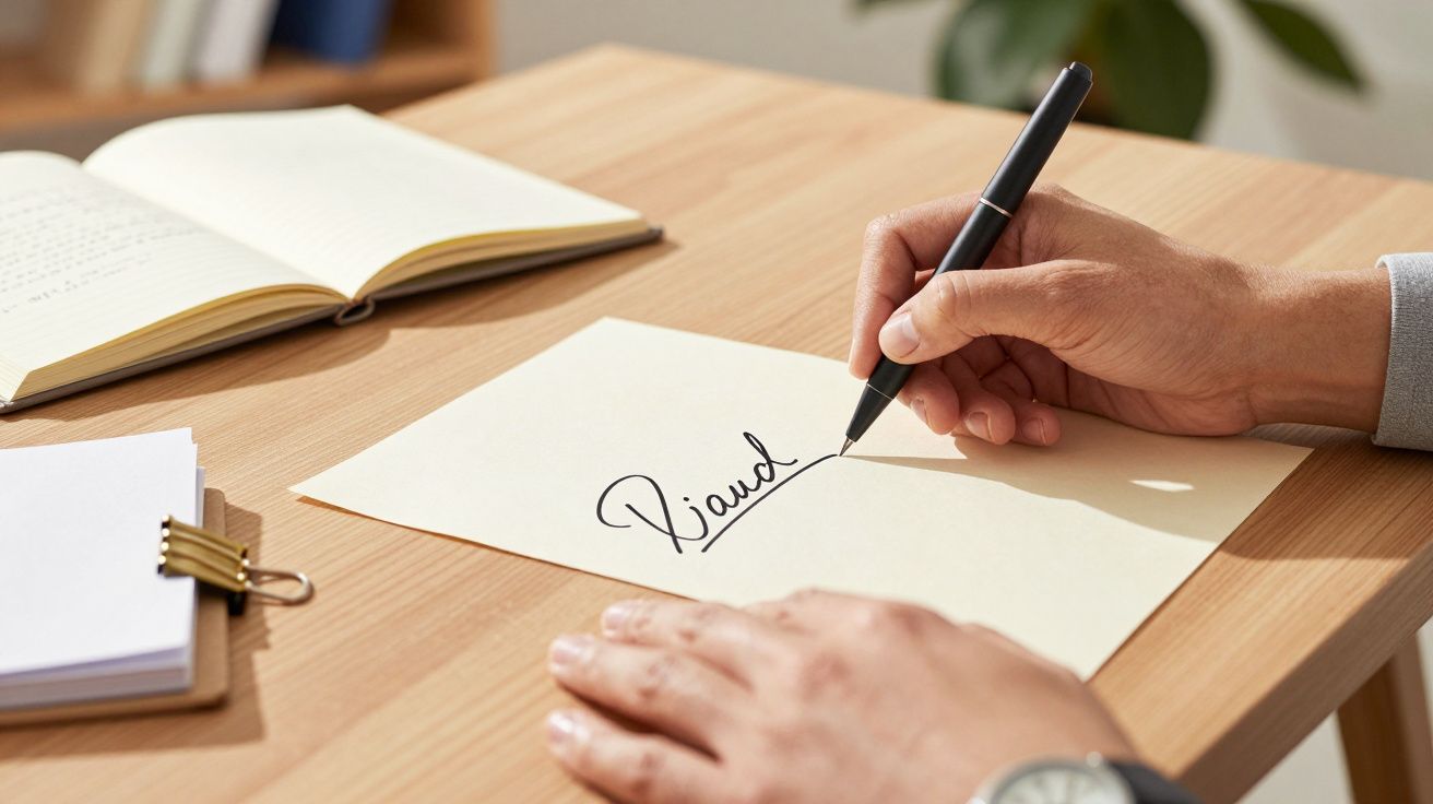 Pessoa a assinar um documento numa secretária de madeira, com um bloco de notas e plantas ao fundo.