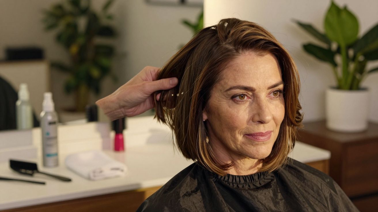 Mulher de cabelo castanho curto num salão, estilista a ajustar o cabelo.