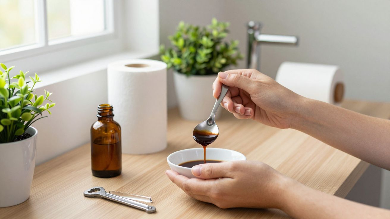 Pessoa despeja líquido de coloração escura numa taça branca usando uma colher, com plantas e utensílios ao fundo.
