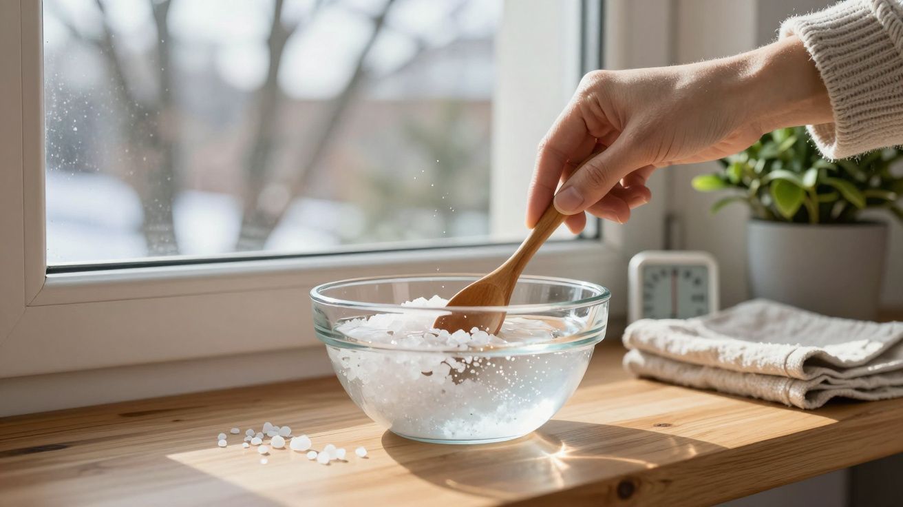Mão mexendo sal com colher de madeira em tigela de vidro numa janela com planta e toalhas ao fundo.