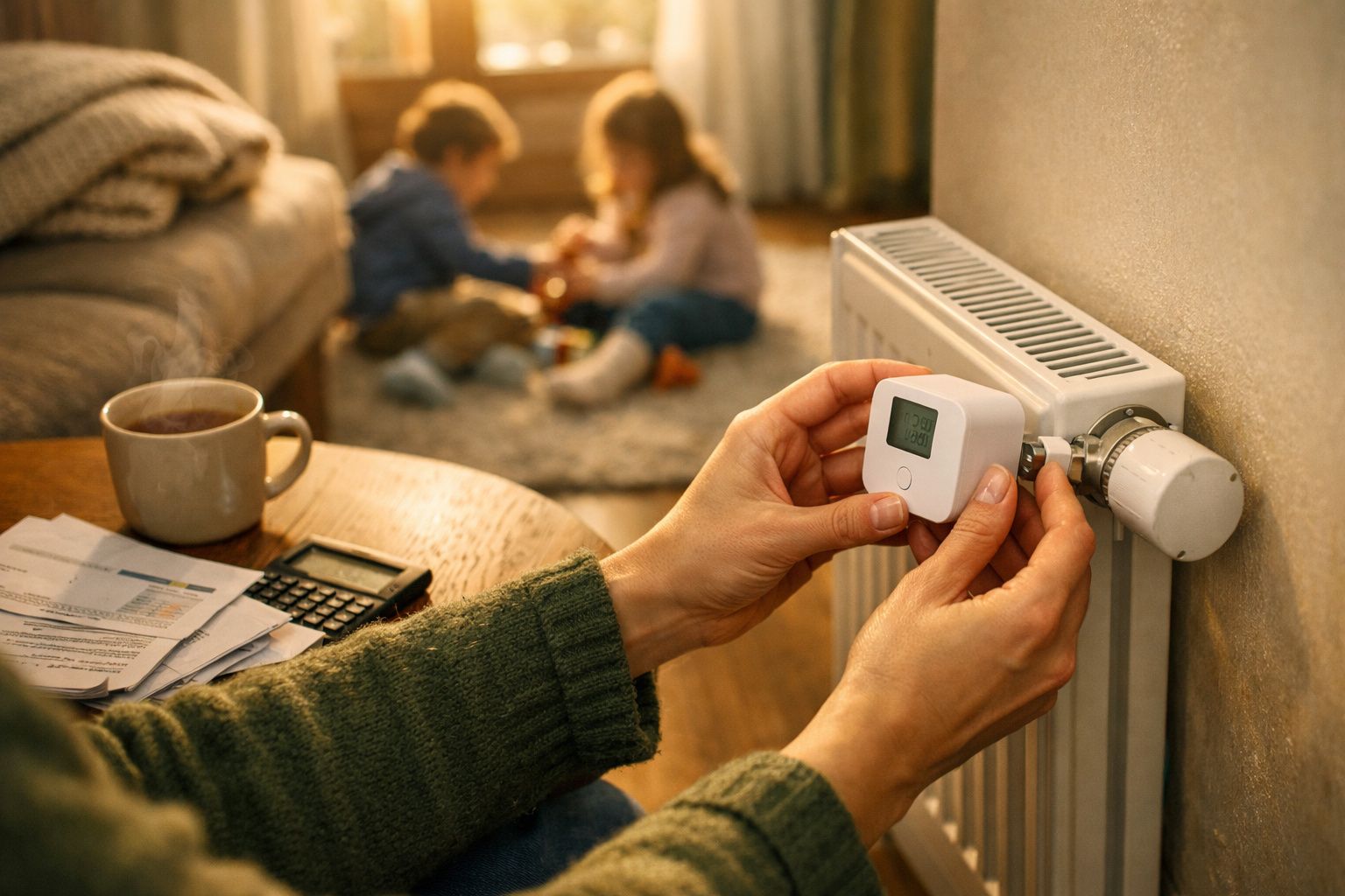 Pessoa ajusta termostato num radiador, enquanto duas crianças brincam no fundo.