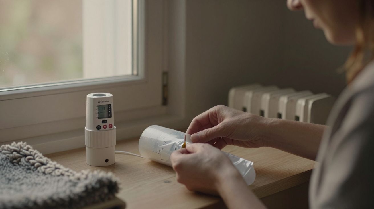 Pessoa ajusta dispositivo junto a uma janela, com um radiador ao fundo e um tecido felpudo à esquerda.