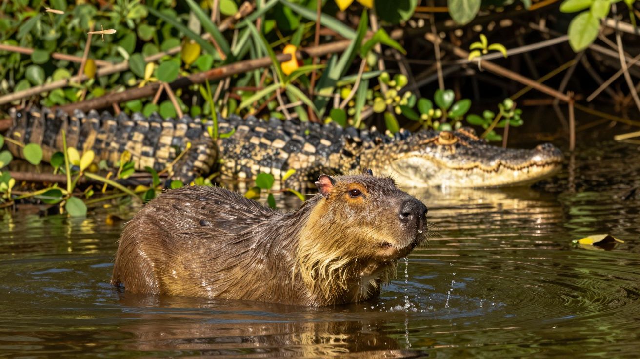 Capivara nadando em lago com crocodilo ao fundo, rodeados por vegetação.