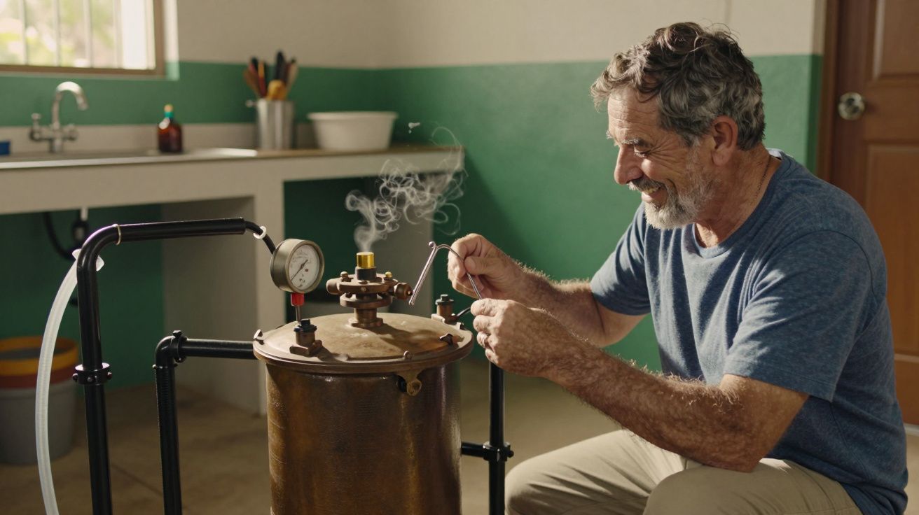 Homem ajusta equipamento de pressão em cozinha, com vapor a sair, num ambiente bem iluminado e organizado.