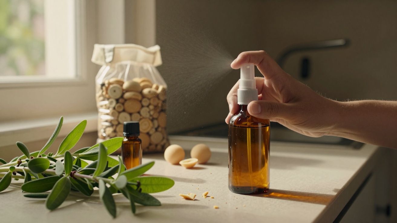 Mão pulverizando spray âmbar numa cozinha, com frascos de vidro, folhas e bolachas ao fundo.