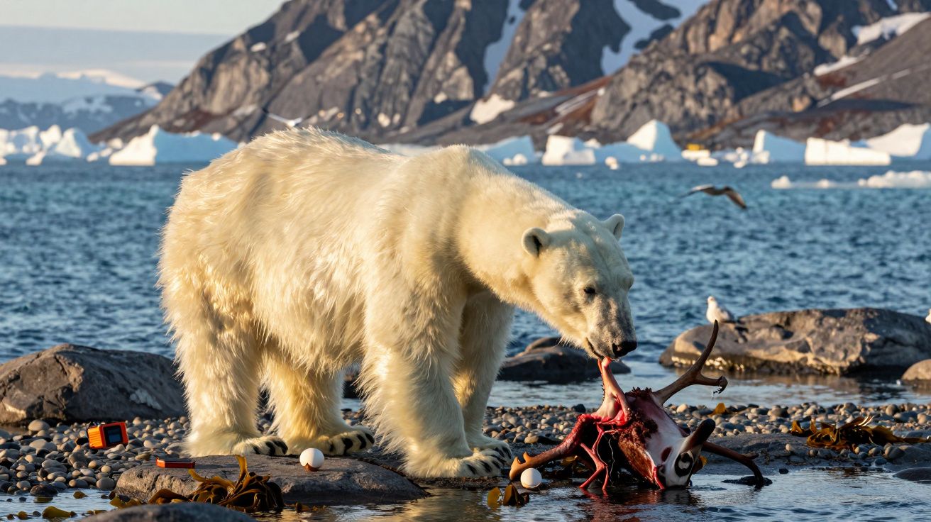 Urso polar a comer uma presa junto ao mar ártico, com montanhas e icebergs ao fundo.