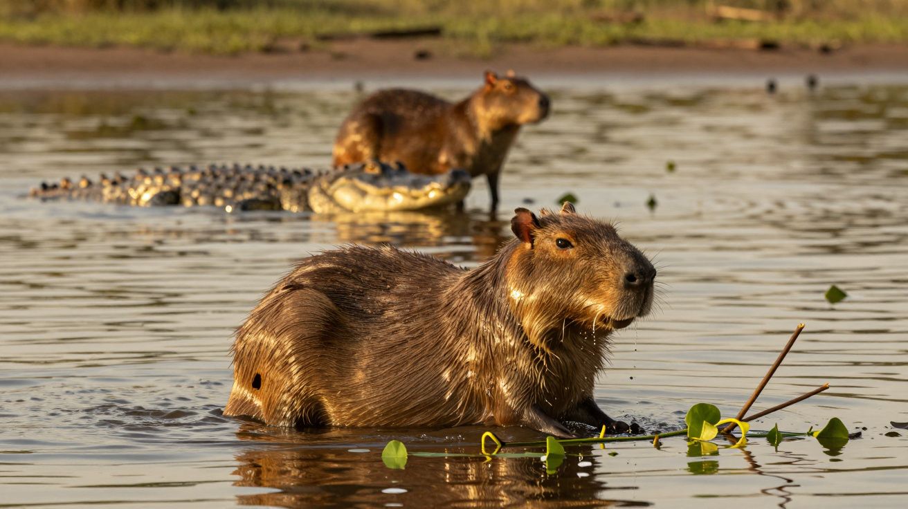 Capivara e crocodilo no rio, rodeados por vegetação aquática à luz do pôr do sol.