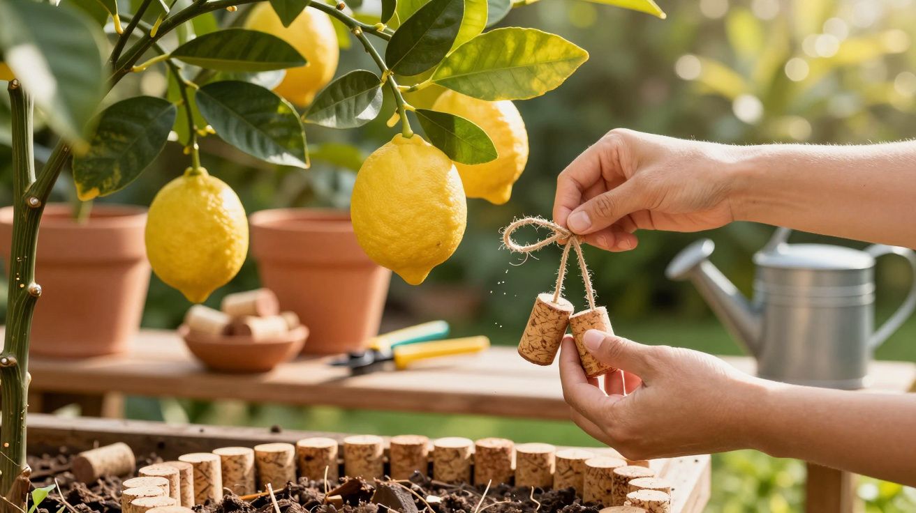 Mãos seguram rolhas perto de um vaso com limoeiro em um jardim, regador ao fundo.