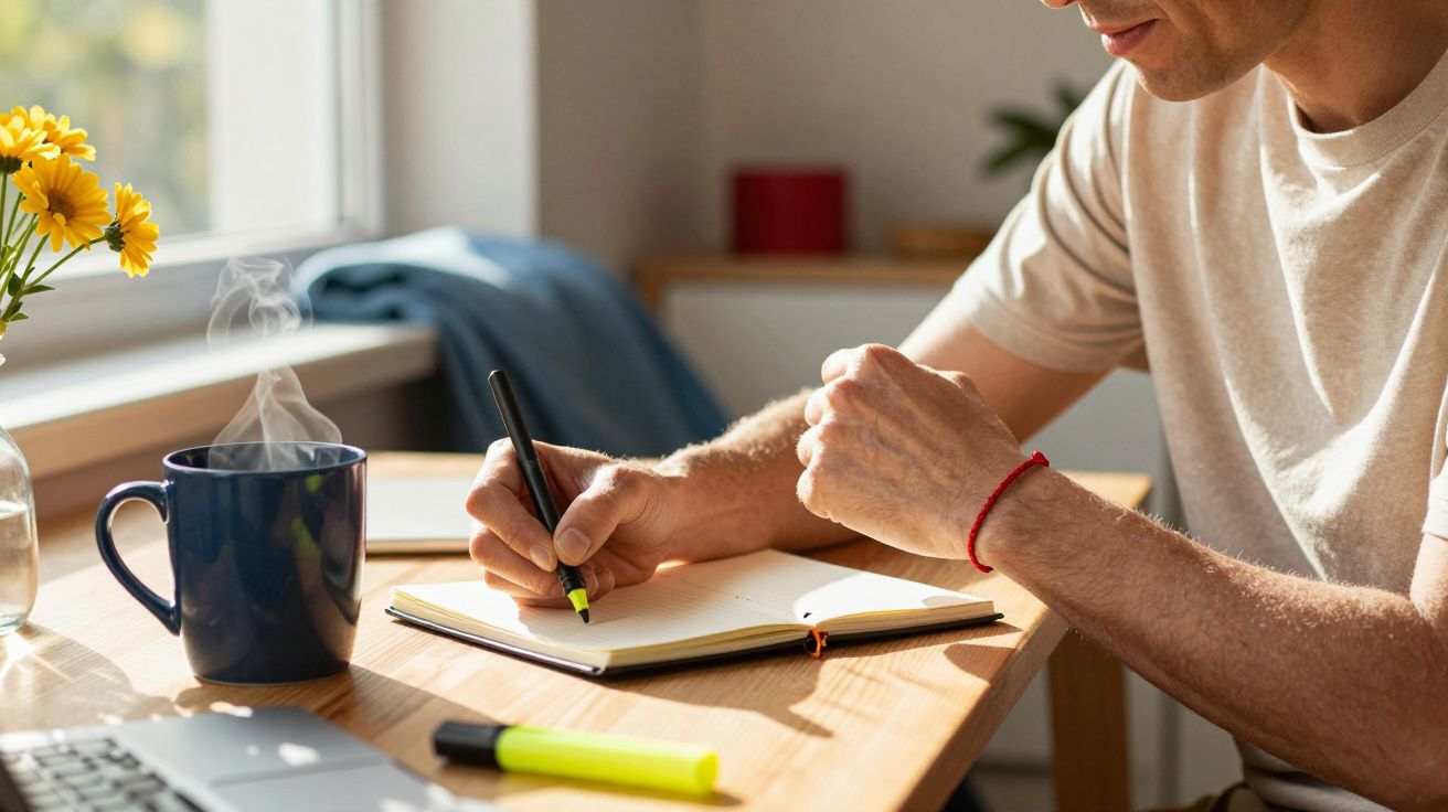 Homem escrevendo em caderno numa mesa de madeira; caneca de café e flores amarelas ao lado. Ambiente iluminado e confortável.