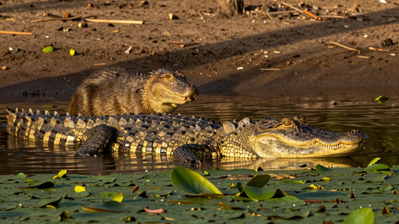 Jovem jacaré a descansar em cima de um adulto numa lagoa rodeada de vitórias-régias, em ambiente tropical.