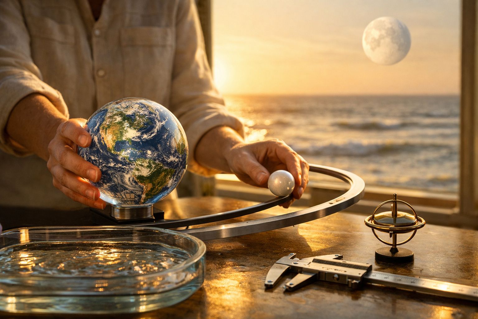 Pessoa ajusta modelo do sistema solar em mesa, com oceano e lua ao fundo.