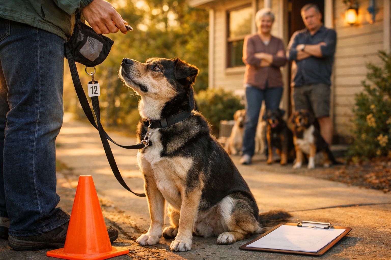 Cão sentado olha para treinador segurando biscoito, com outro cão e duas pessoas ao fundo do lado de uma casa.