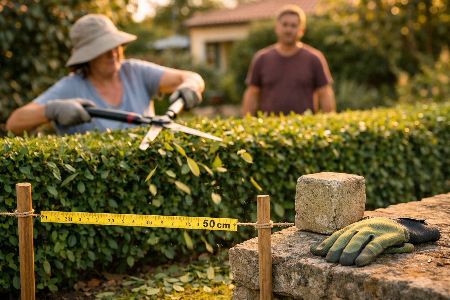 Pessoa a aparar sebes com tesoura, fita métrica em primeiro plano. Luvas e pedra sobre muro de pedra.