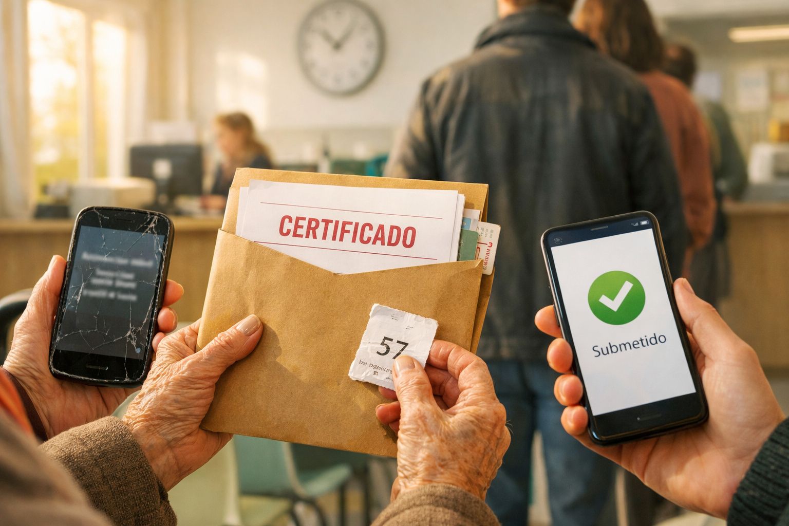 Idosa segurando envelope, retirando certificado enquanto está sentada, com pessoas desfocadas ao fundo.
