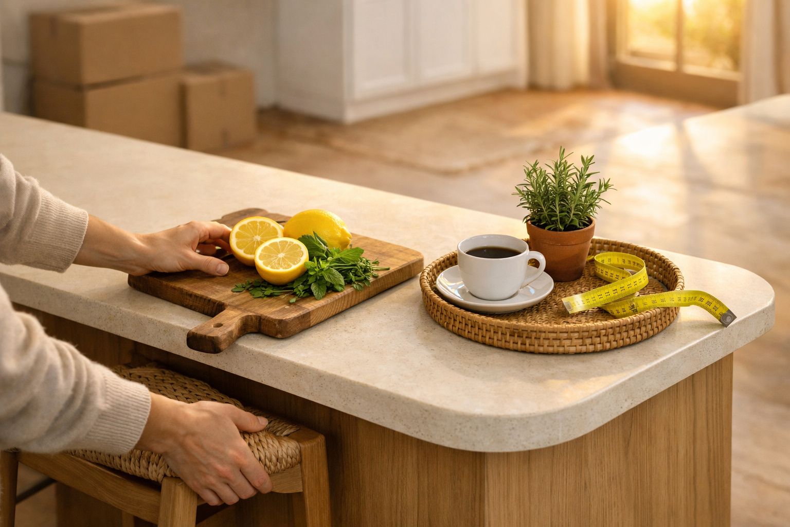 Mãos preparam limões e ervas numa tábua. Ao lado, café, vaso de alecrim e fita métrica numa bandeja.