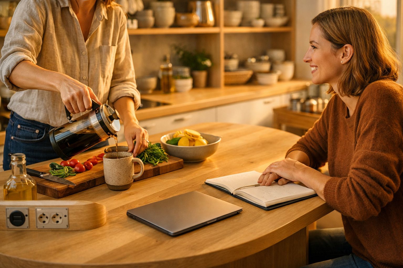 Mulher serve café enquanto outra toma notas, sentada à mesa da cozinha com portátil e ingredientes frescos.
