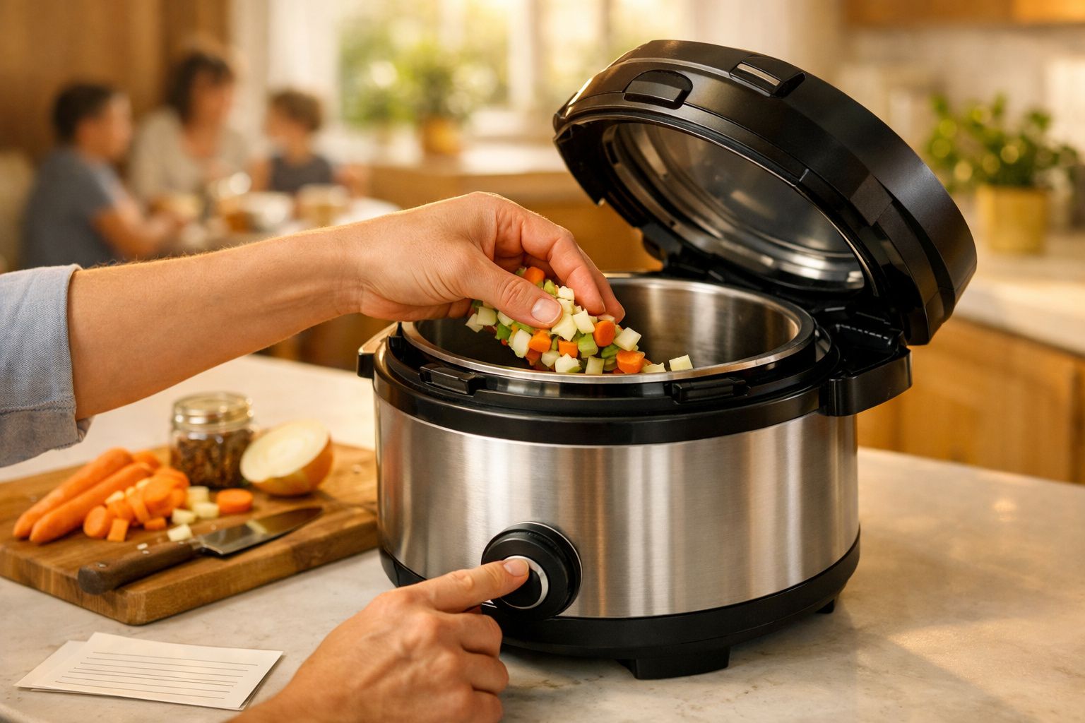 Mão adiciona vegetais picados numa panela elétrica enquanto outra ajusta a temperatura. Cozinha ao fundo desfocada.