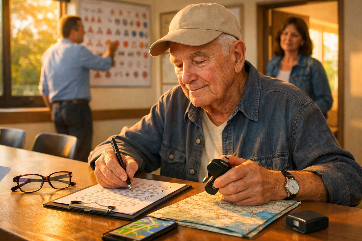Idoso escreve em prancheta enquanto segura binóculos; outra pessoa ao fundo consulta cartaz na parede.