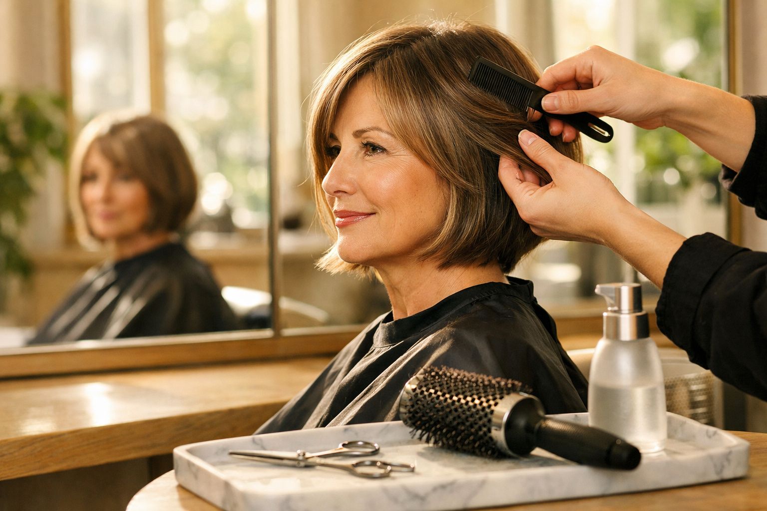 Mulher com cabelo castanho curto é penteada no cabeleireiro em frente a um espelho.