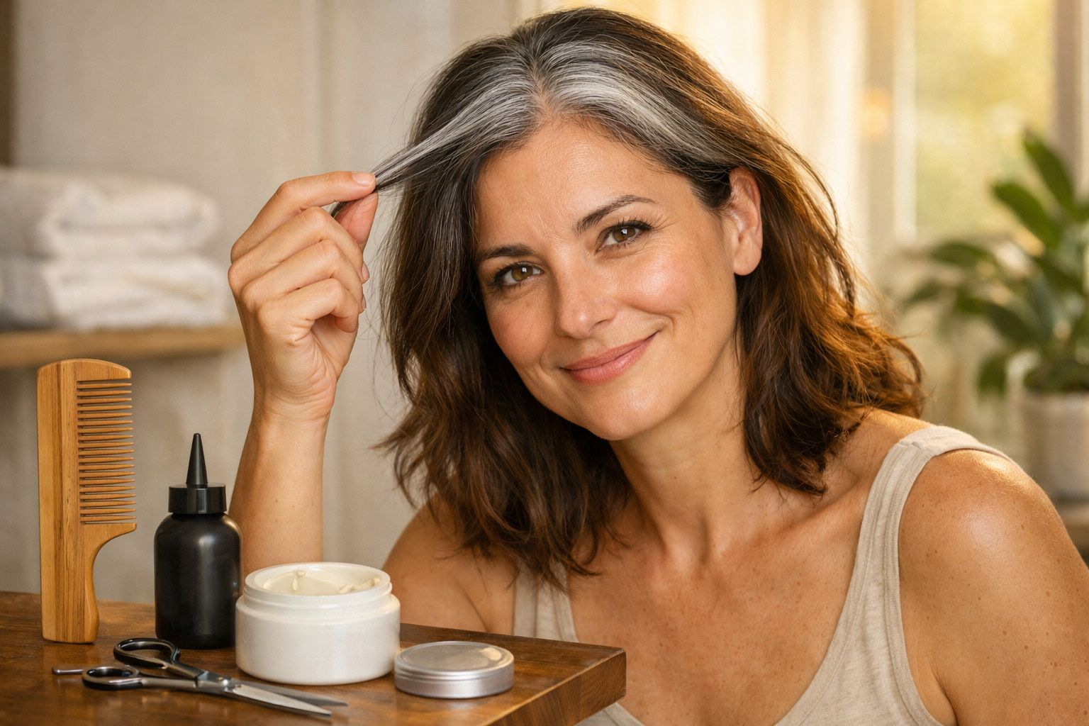 Mulher sorrindo, ela segura uma mecha de cabelo grisalho. Em frente, pente, frascos e pote de creme em cima da mesa.
