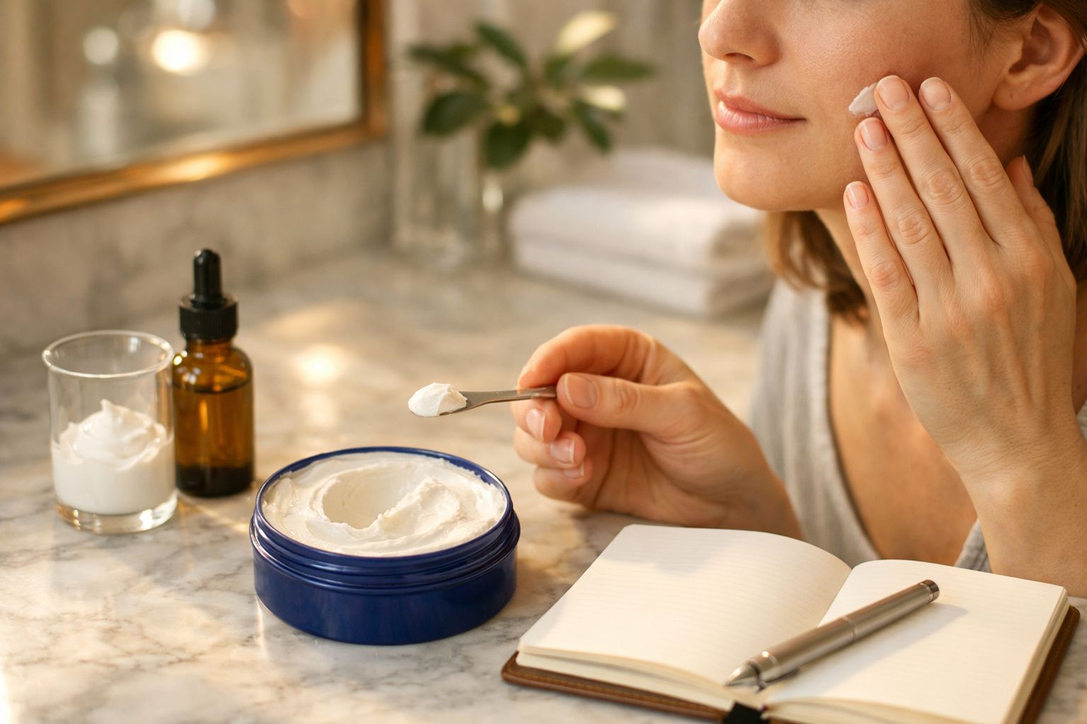Mulher aplica creme no rosto com espátula ao lado de frasco e caderno em bancada de mármore.