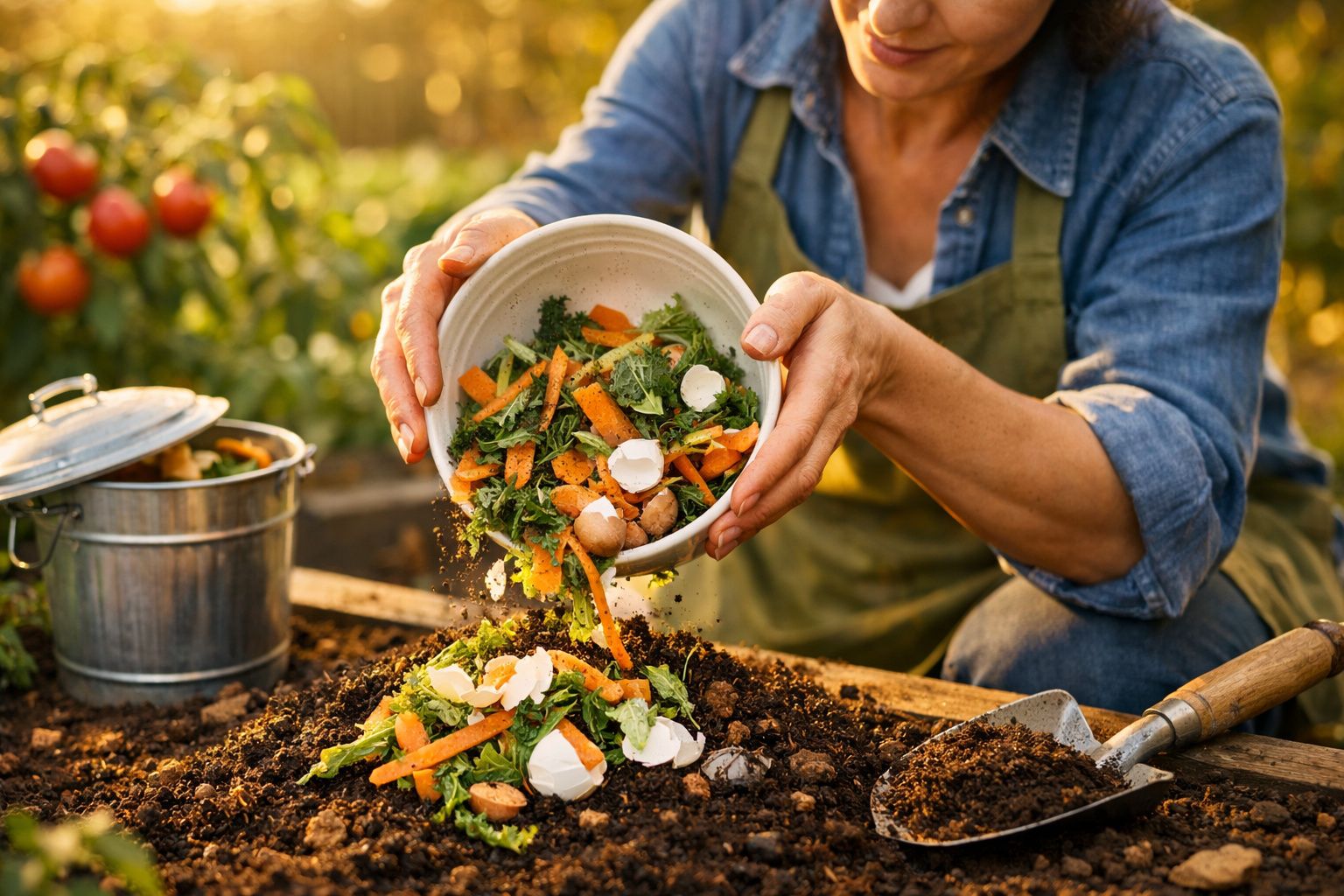 Pessoa adicionando restos de vegetais a uma pilha de compostagem num jardim, com balde metálico e pá ao lado.