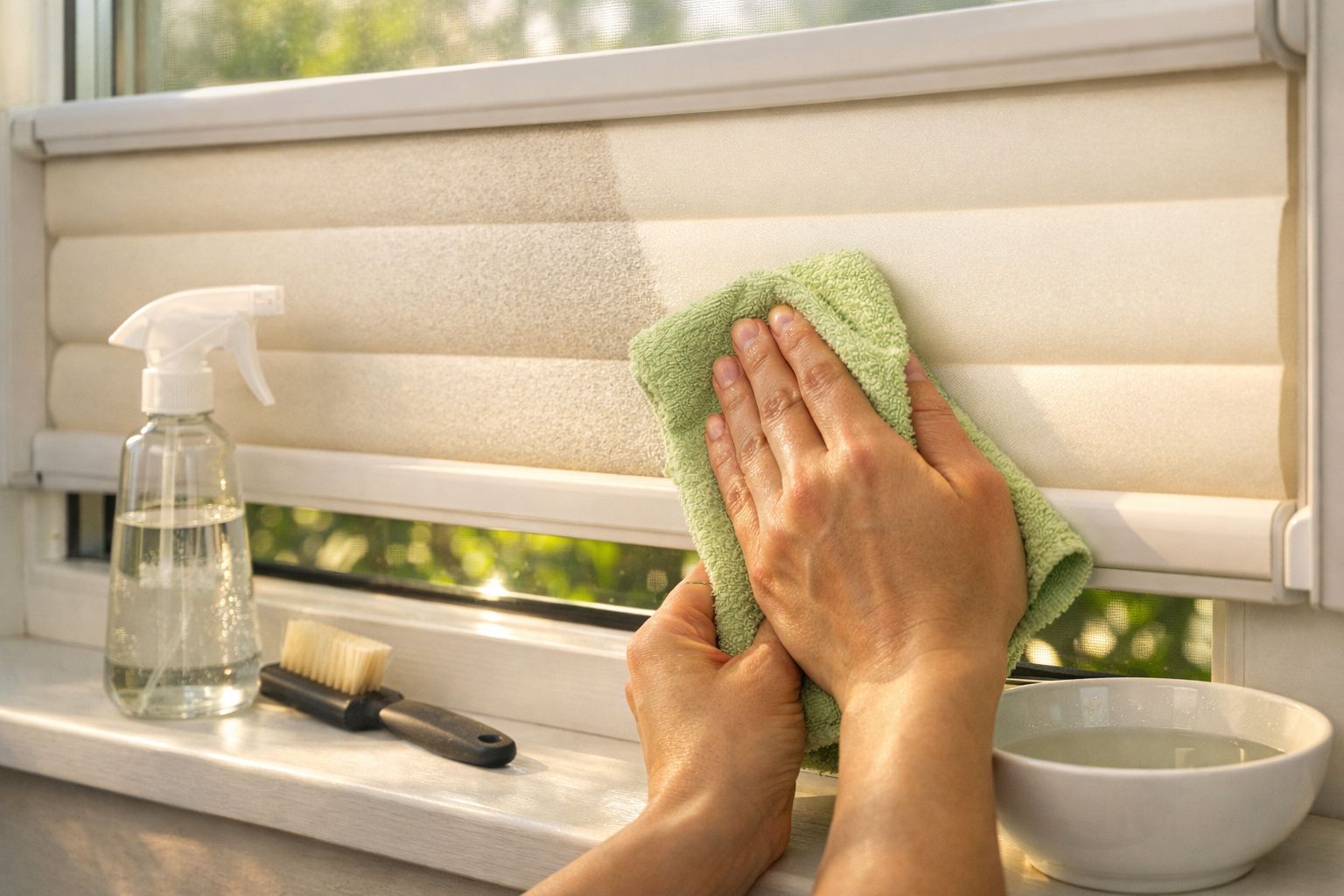 Mãos limpam estore sujo de janela com pano verde; spray e escova ao lado.