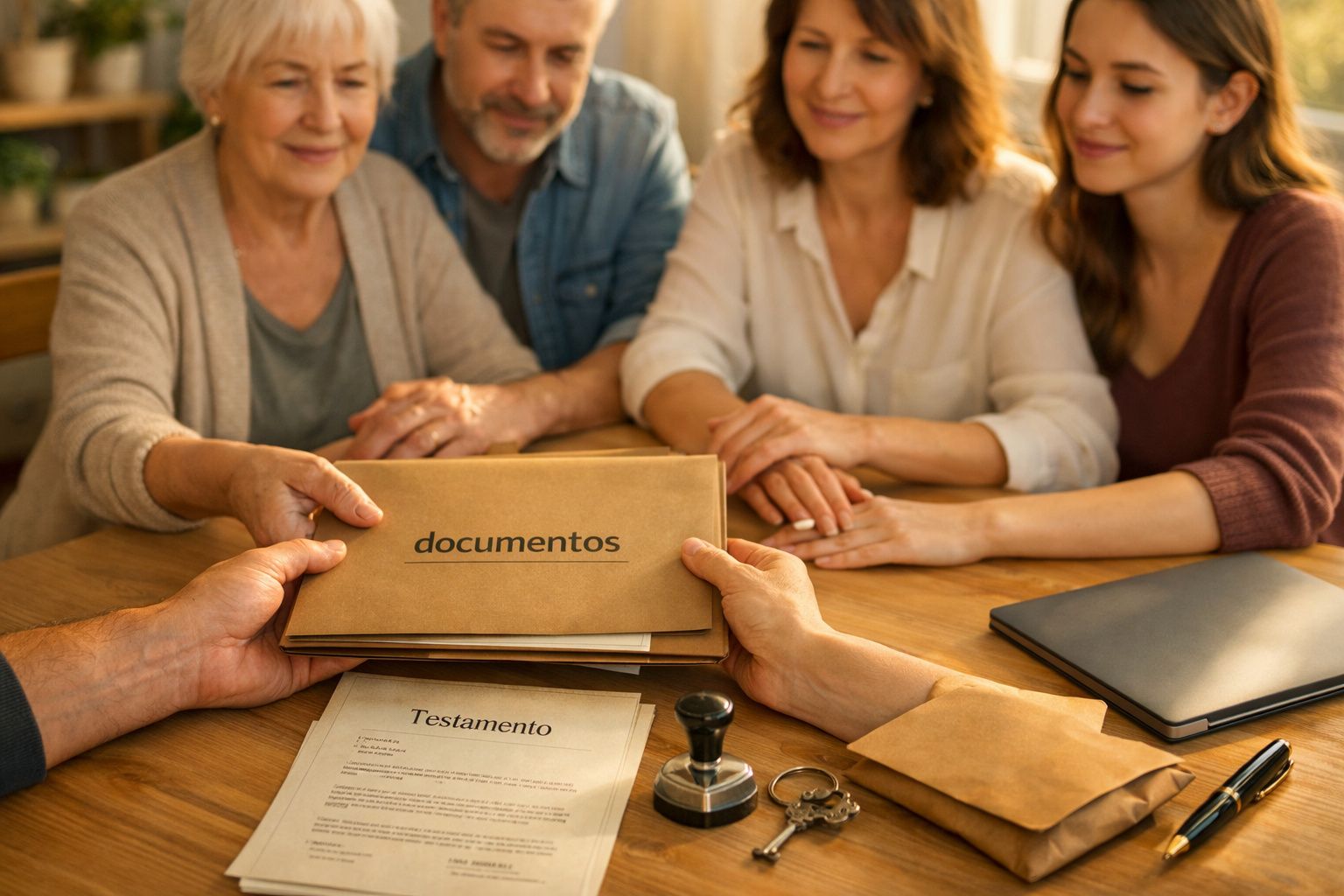 Pessoas sentadas numa mesa discutindo documentos, com envelope e caneta em destaque.