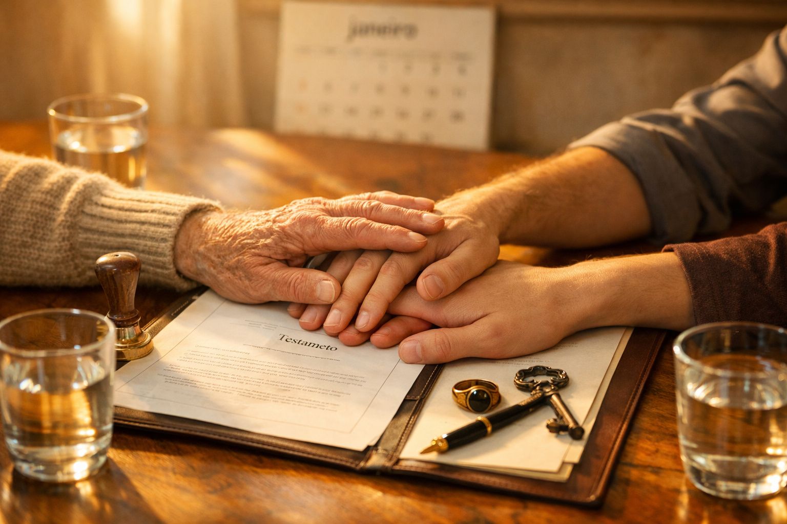 Três pessoas em volta de uma mesa analisam um documento em pasta preta. Uma mulher jovem escreve em papel.
