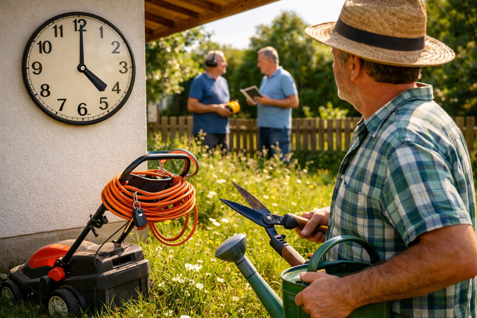 Homem no jardim com ferramentas de jardinagem, olhando para relógio de parede; dois homens conversam ao fundo.