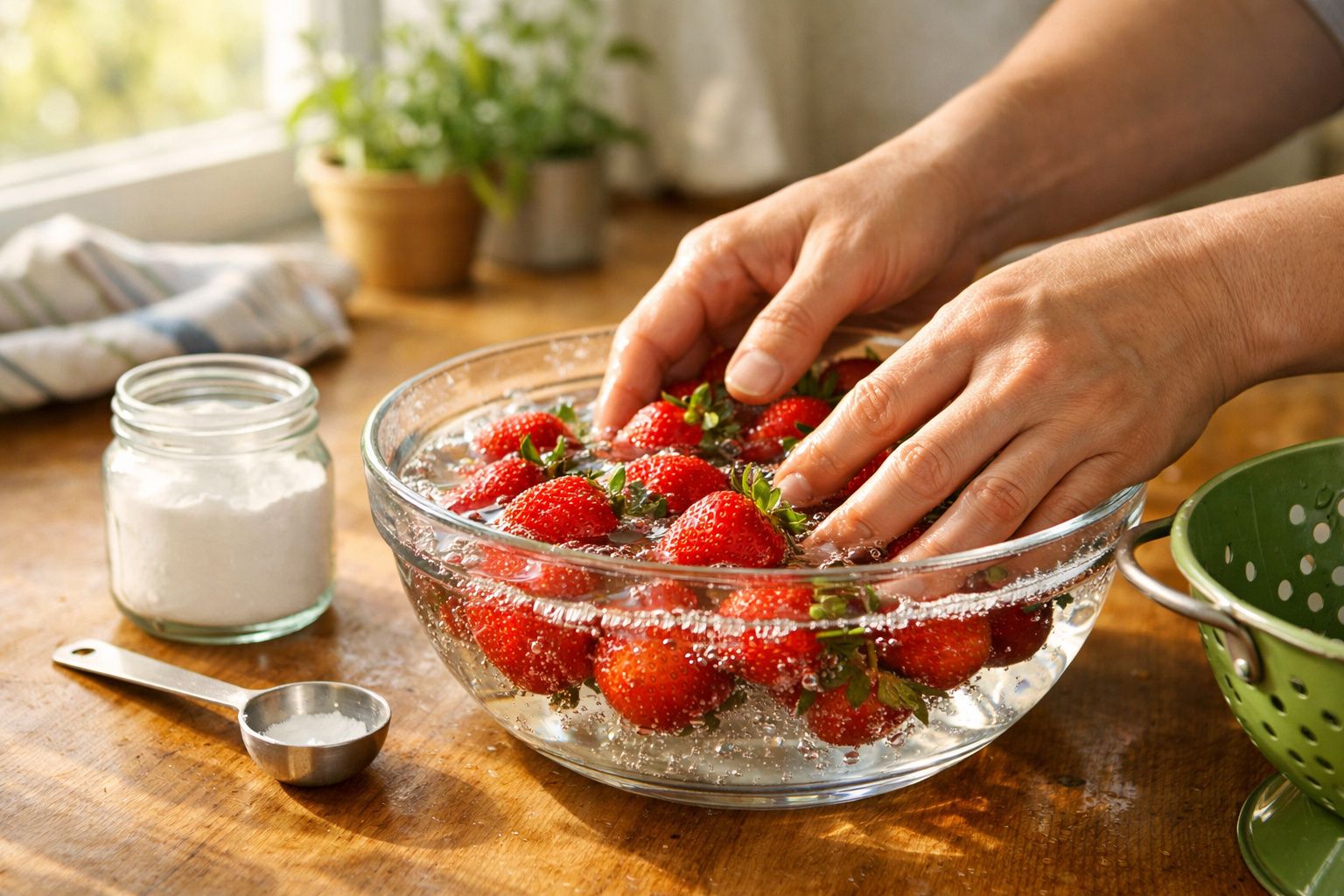 Mãos lavam morangos numa taça com água, ao lado de um frasco de sal e colher de medida, sobre uma mesa de madeira.