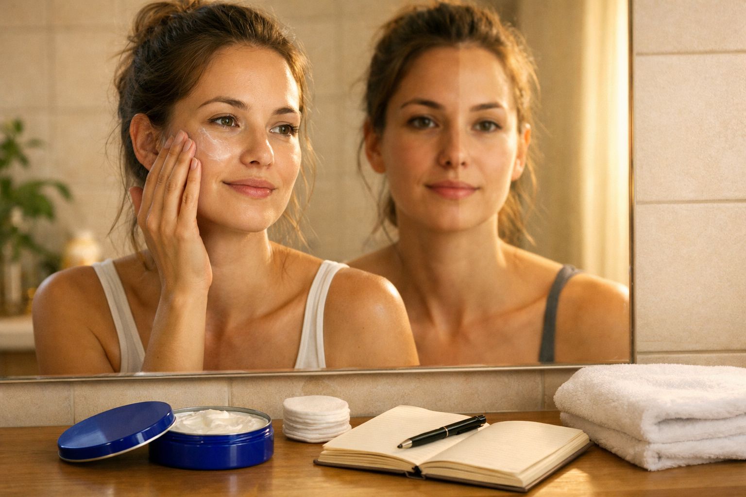 Mulher aplica creme no rosto, usando uma bandolete branca na cabeça, em frente ao espelho numa casa de banho iluminada.