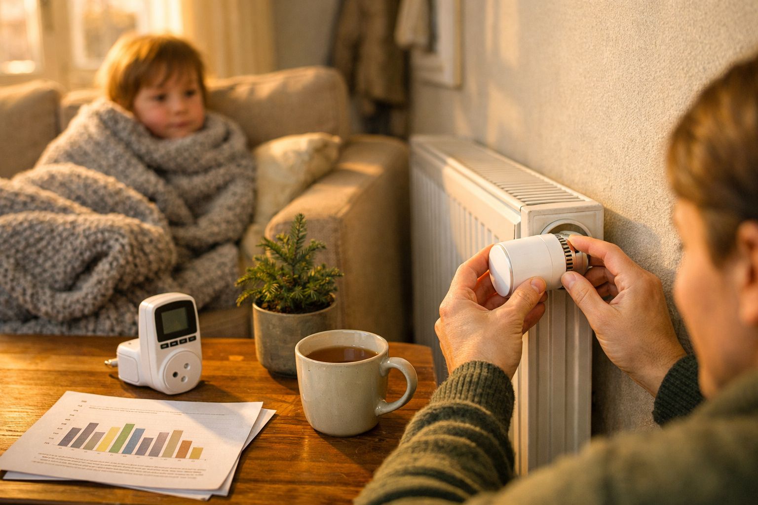 Mulher ajusta termostato em aquecedor, com crianças a brincar no chão e chávena e documentos sobre a mesa.