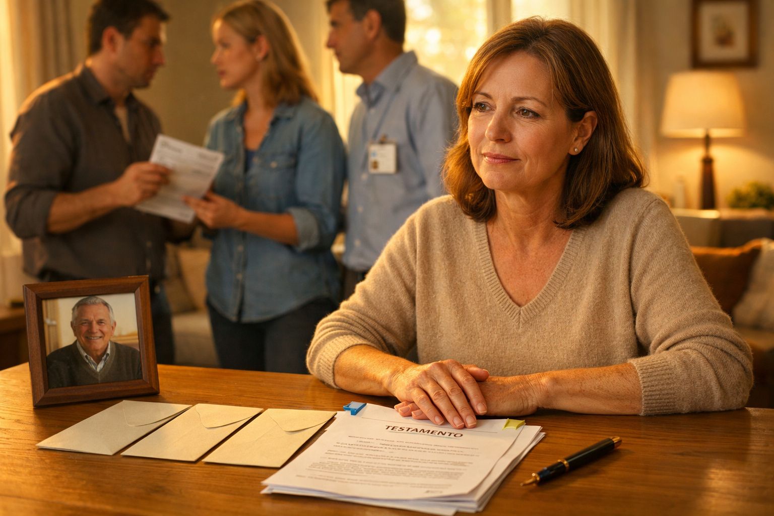 Mulher pensativa à mesa com testamento e fotografias, enquanto duas pessoas conversam ao fundo.