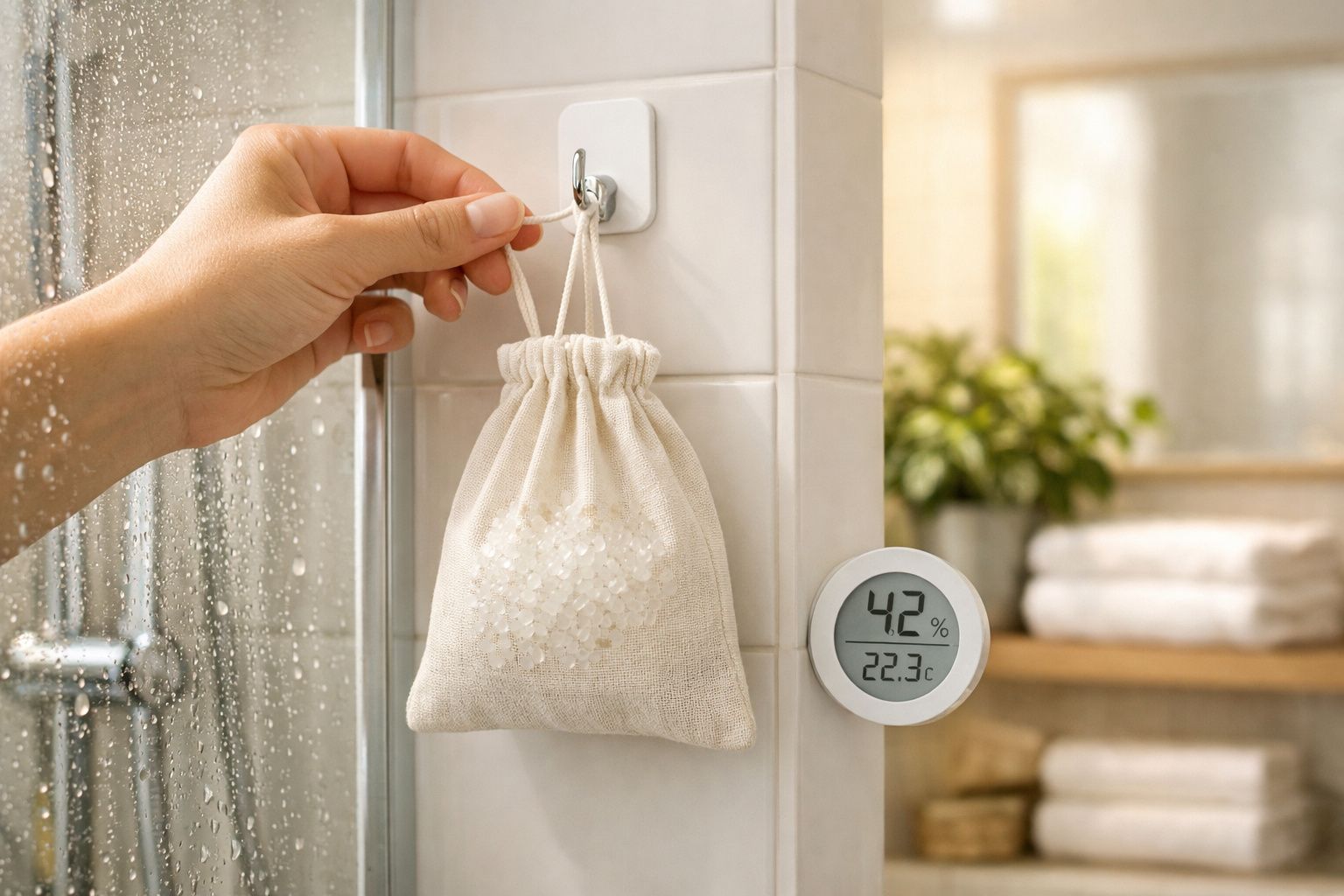 Mão pendura saco de tecido com cristais em gancho de parede na casa de banho. Higrómetro mostra 42% e 22,3°C.