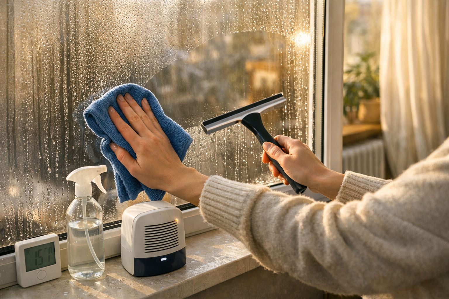 Pessoa limpando uma janela molhada com um pano e um rodo; spray de limpeza e desumidificador ao lado.