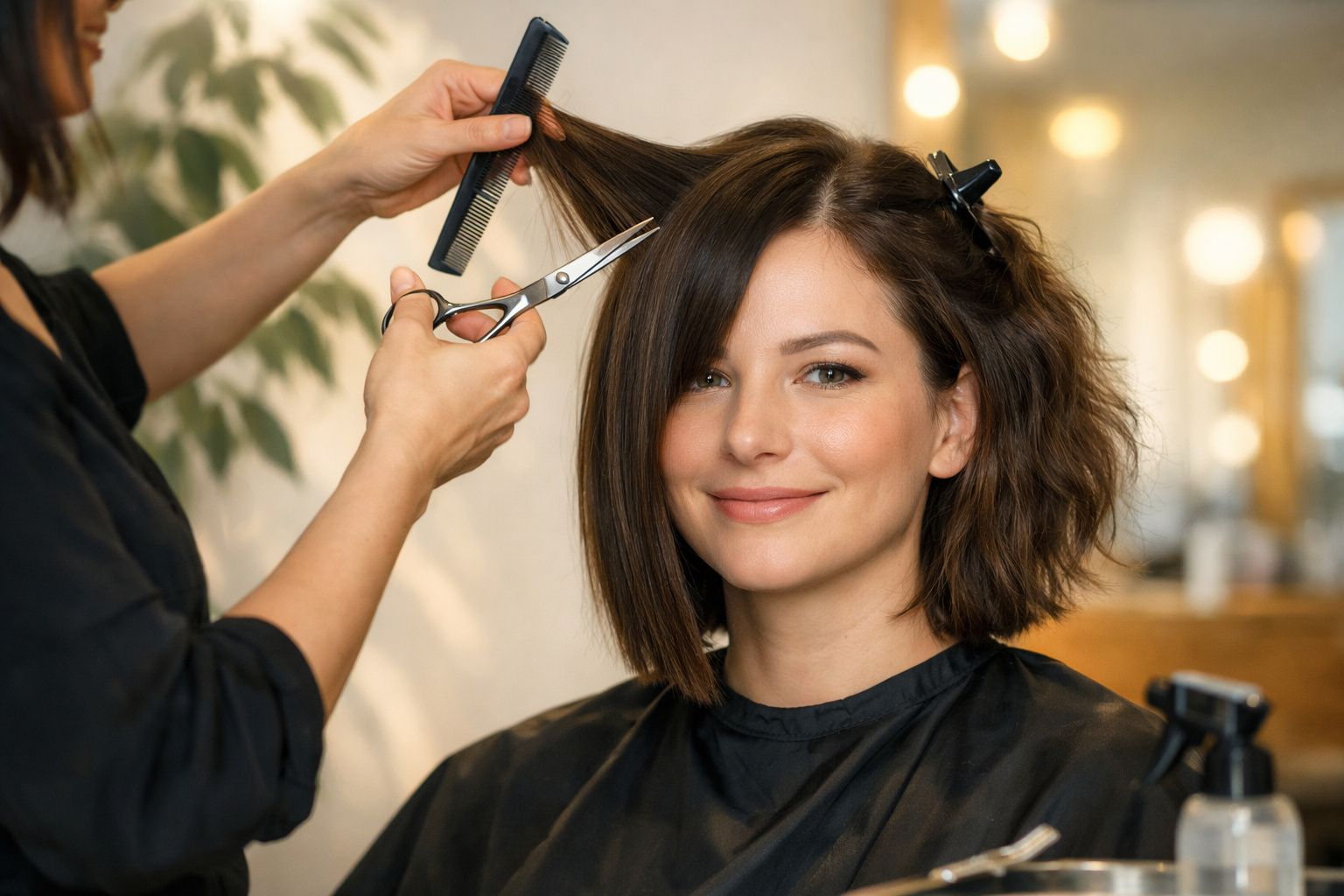 Mulher sorridente corta cabelo curto num salão de cabeleireiro.