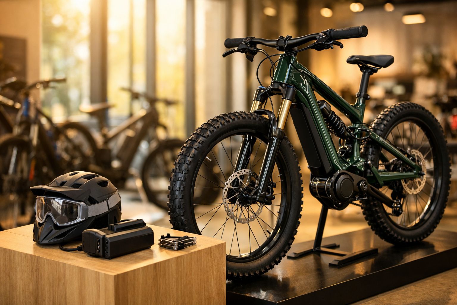 Bicicleta elétrica verde numa loja, com capacete e bateria extra em destaque sobre uma bancada de madeira.