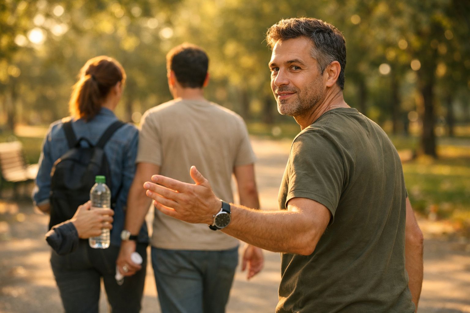 Homem sorridente numa caminhada num parque com duas pessoas ao fundo, árvores ao redor e luz de sol suave.