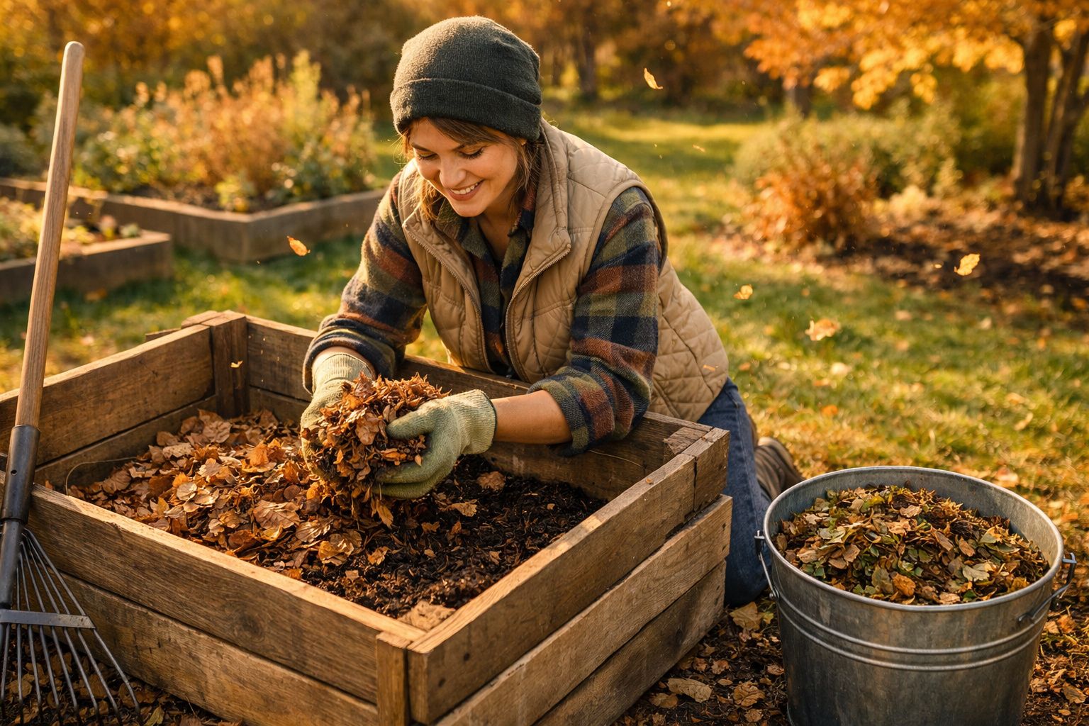 Mulher sorrindo junta folhas secas num jardim outonal, usando luvas e chapéu.