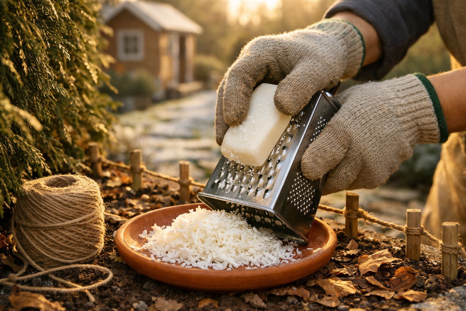 Pessoa a ralar sabão branco num ralador de metal sobre prato de barro, com luvas e fio de corda ao lado.